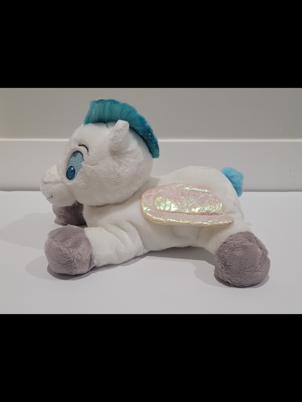 Plush White Flying Pony Toy with Teal Mane and Iridescent Wings